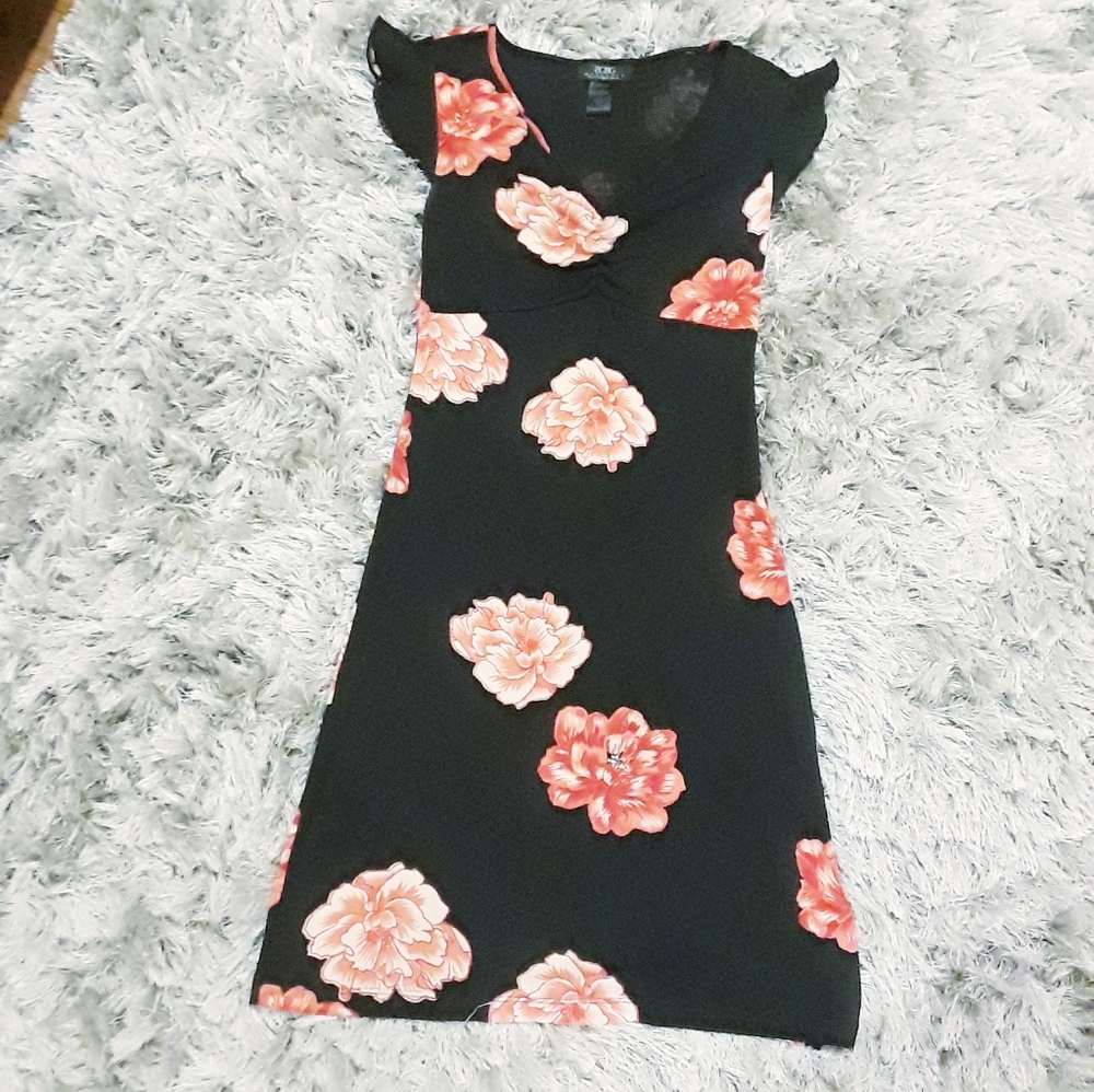 BCBG black dress with coral/red flowers